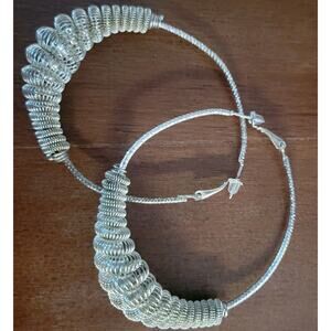 3" Wire Wrapped Hoop Earrings Silver Tone Textured Hoop Dangle Feminine Party